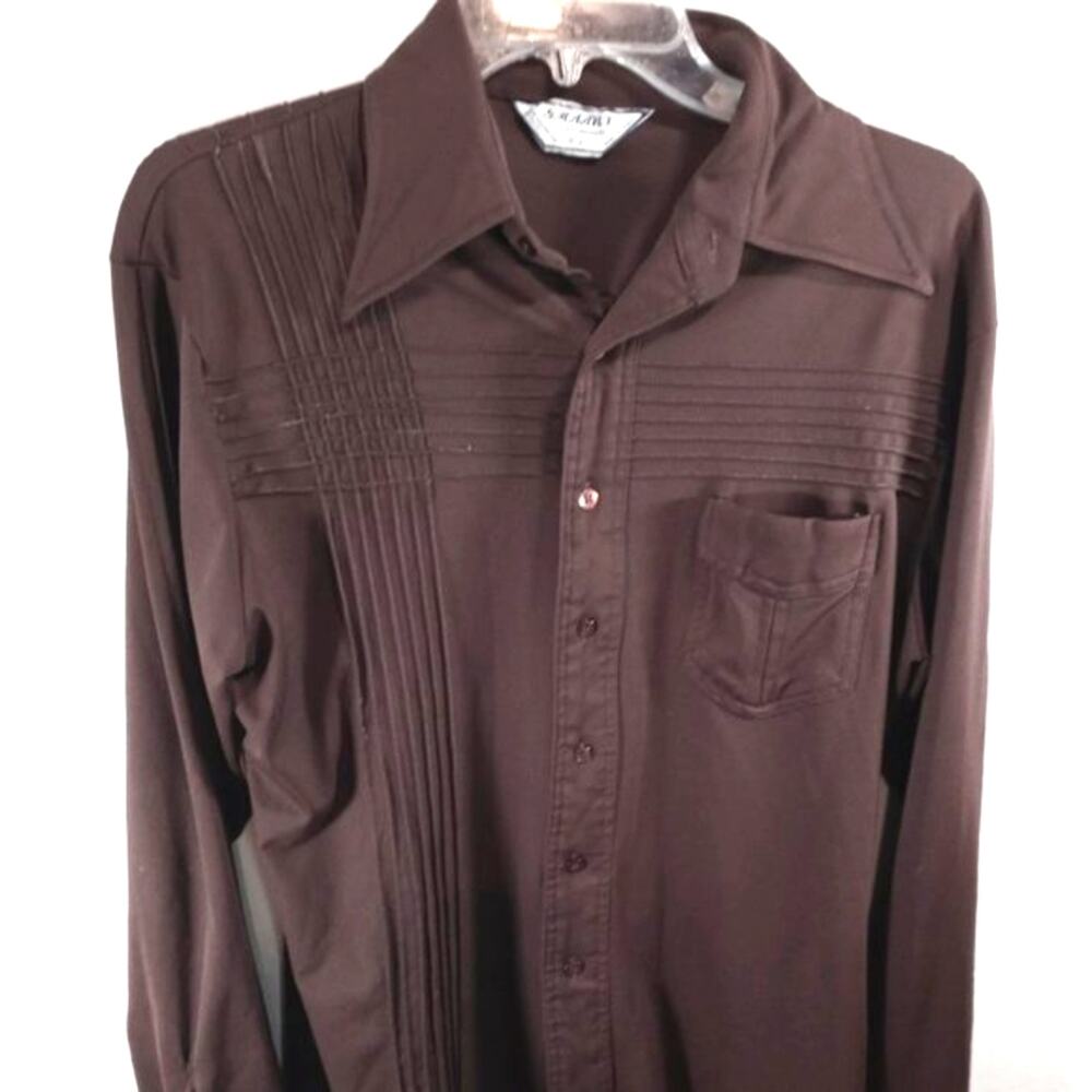 Vintage Cuban Style Bowling Shirt Size Medium-Large Brown Long-Sleeve Rockabilly